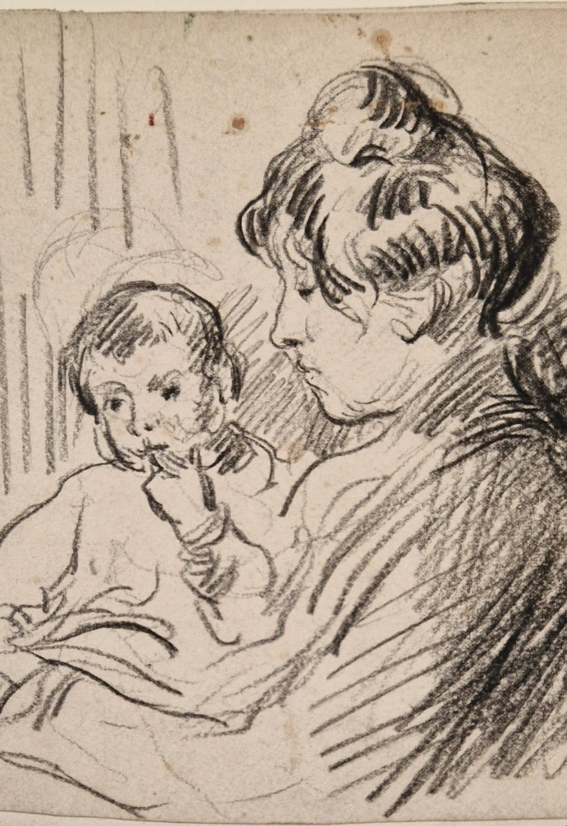 Maximilien Luce 1858-1941 Madame Luce And Her Son Black Pencil Drawing-photo-2