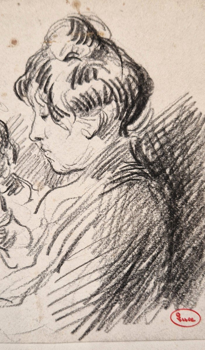 Maximilien Luce 1858-1941 Madame Luce And Her Son Black Pencil Drawing-photo-3