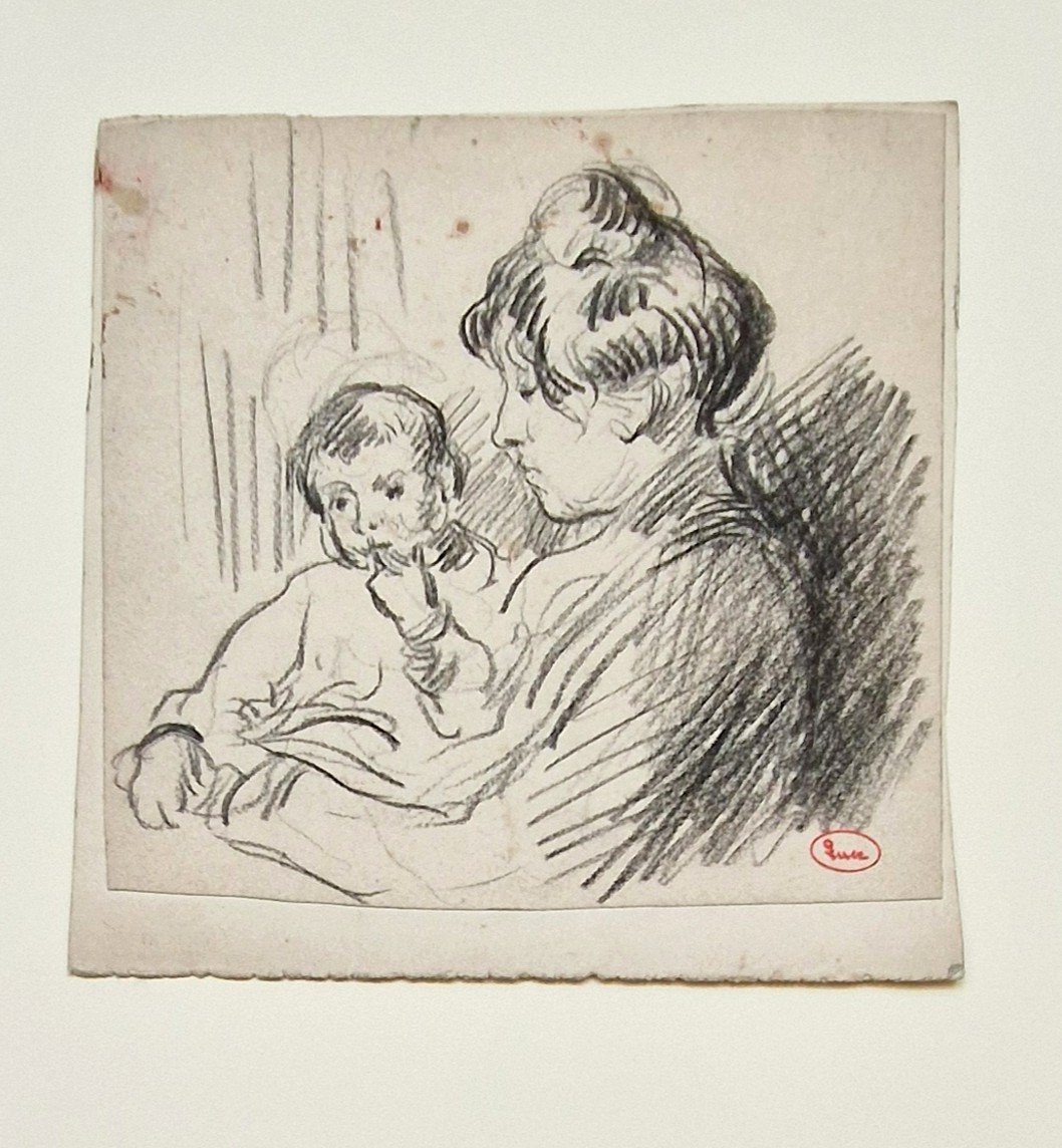 Maximilien Luce 1858-1941 Madame Luce And Her Son Black Pencil Drawing