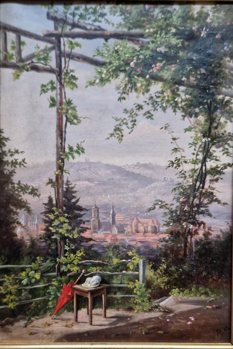 French School 19th Century A Pergola In Switzerland Oil On Canvas-photo-2