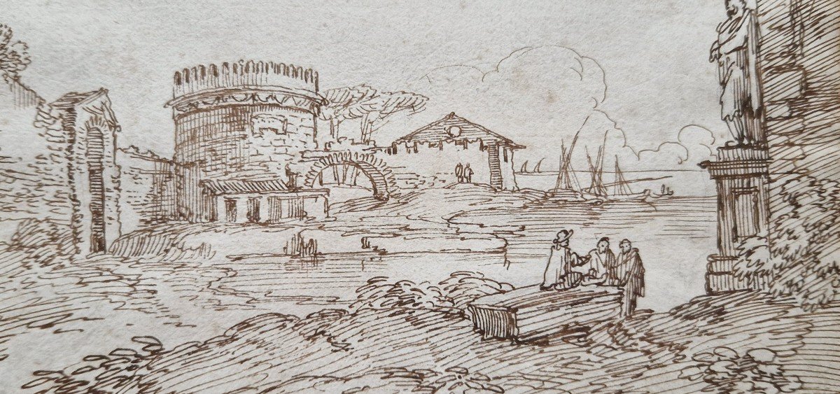 Giovanni Batista Busiri 1698-1757 Paysage d'Italie Dessin à La Plume-photo-2