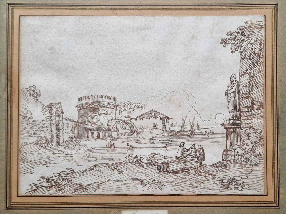 Giovanni Batista Busiri 1698-1757 Paysage d'Italie Dessin à La Plume