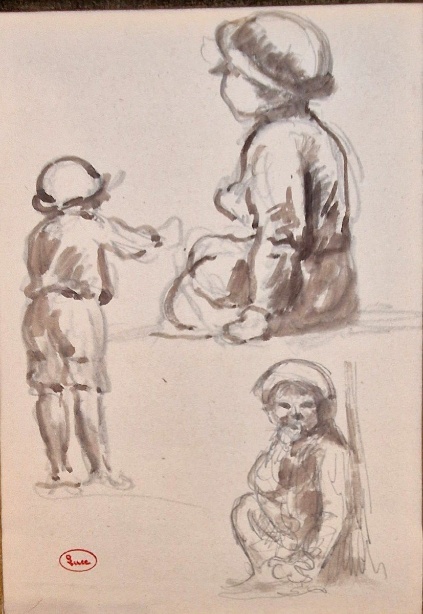 Maximilien Luce 1858-1941 Les Enfants Dessin Au Lavis d'Encre-photo-2