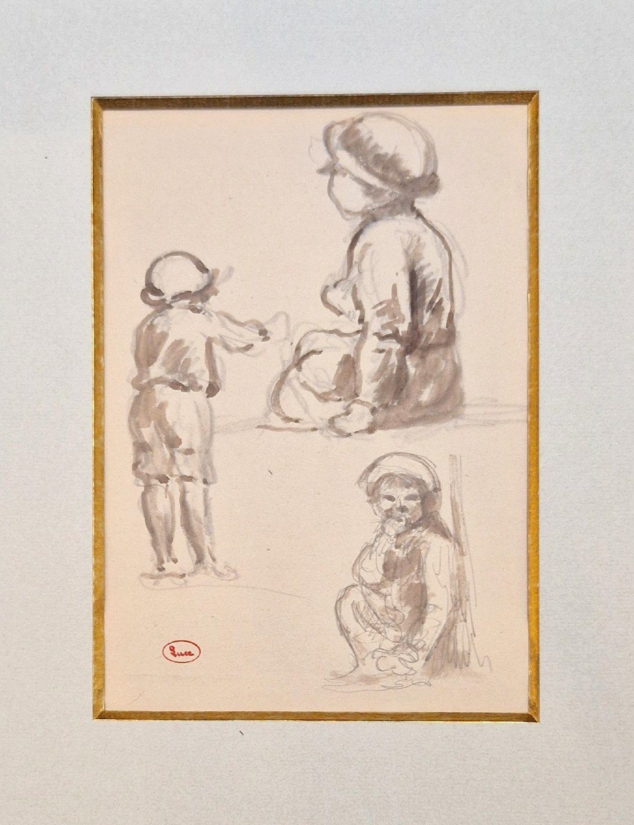 Maximilien Luce 1858-1941 Children Ink Wash Drawing-photo-2