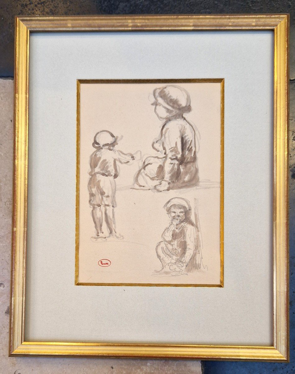 Maximilien Luce 1858-1941 Children Ink Wash Drawing