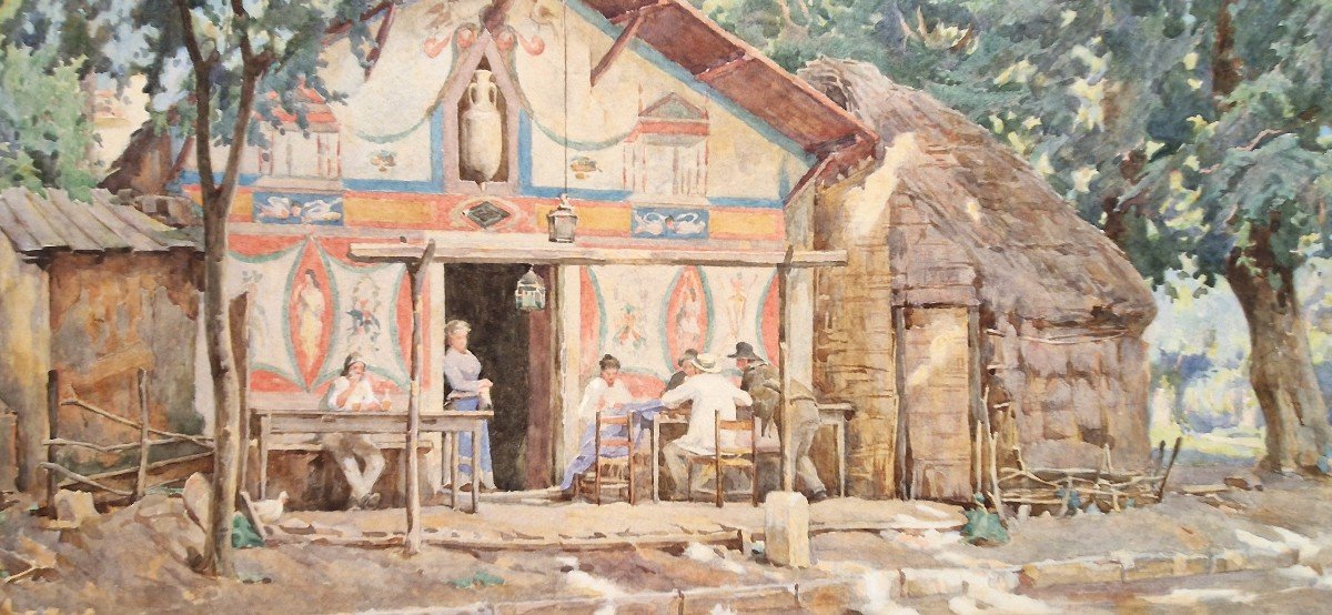 Jules Rousset 1840-1921 A Guinguette Near Naples Watercolor-photo-2