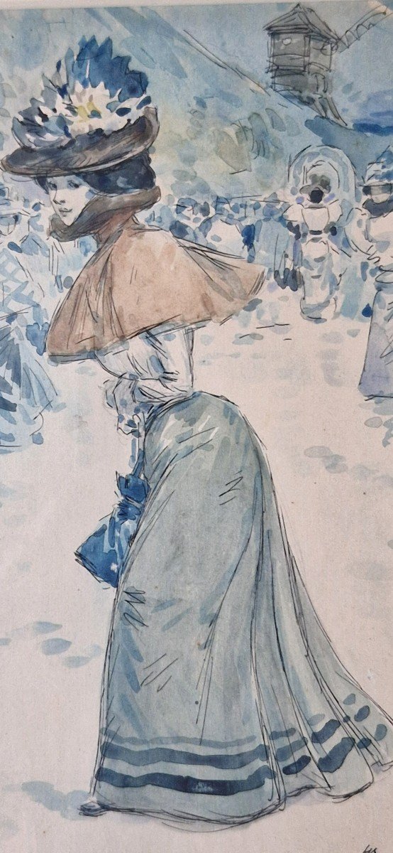 Henry Somm 1844-1907 Elegant In Front Of The Moulin De La Galette Watercolor-photo-3