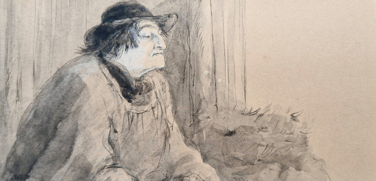 Charles Léandre 1862-1934 The Solitary Dreamer Pen Drawing, Ink Wash-photo-3