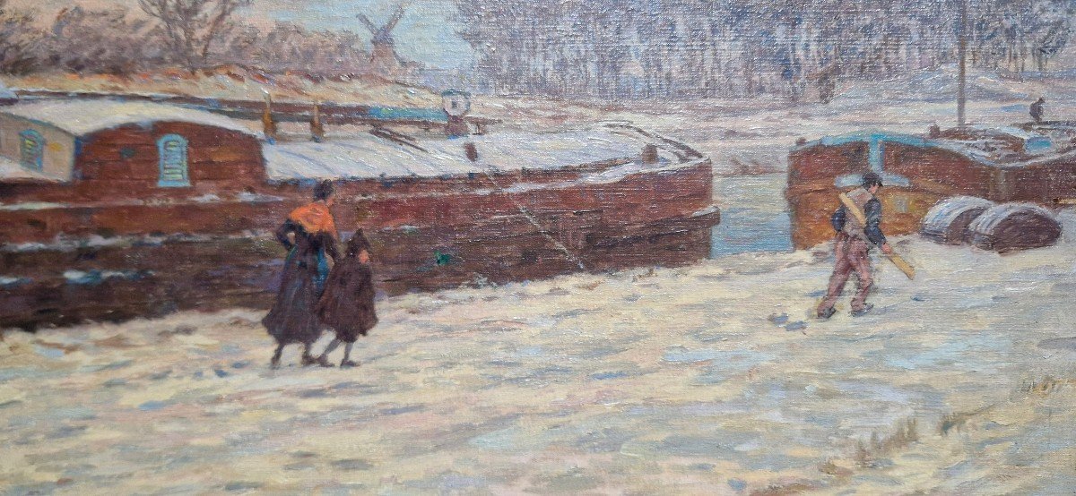 Henri Duhem 1860-1941 Barge Under The Snow Oil On Canvas-photo-3