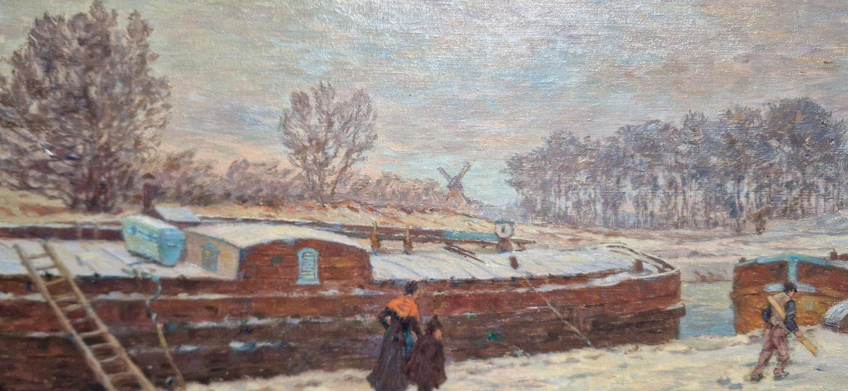 Henri Duhem 1860-1941 Barge Under The Snow Oil On Canvas-photo-4