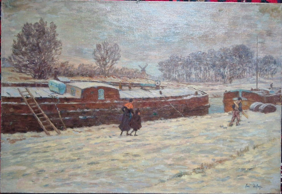 Henri Duhem 1860-1941 Barge Under The Snow Oil On Canvas