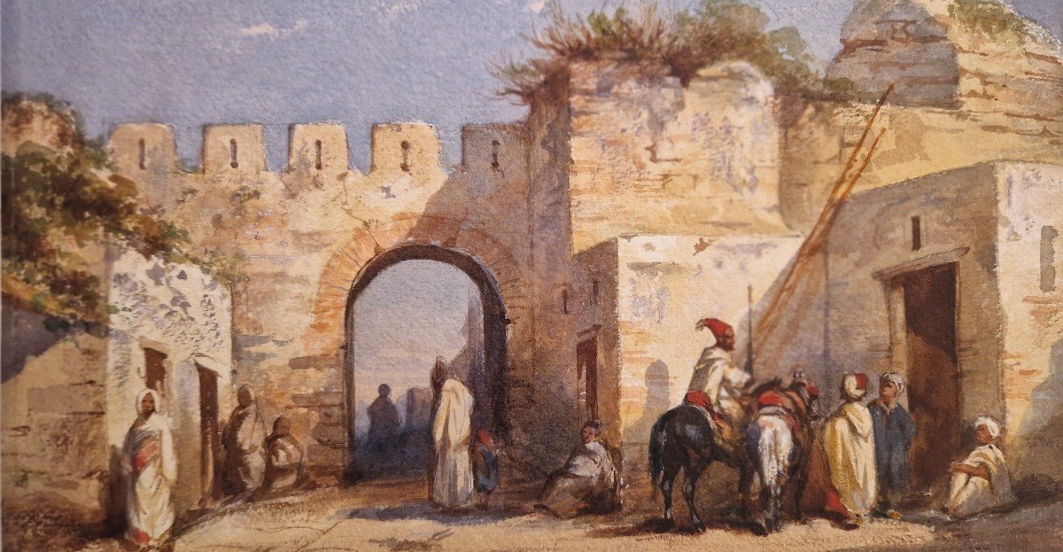 Louis Tesson 1820-1870 (attribué à) Porte d'Une Ville En Orient Aquarelle-photo-2