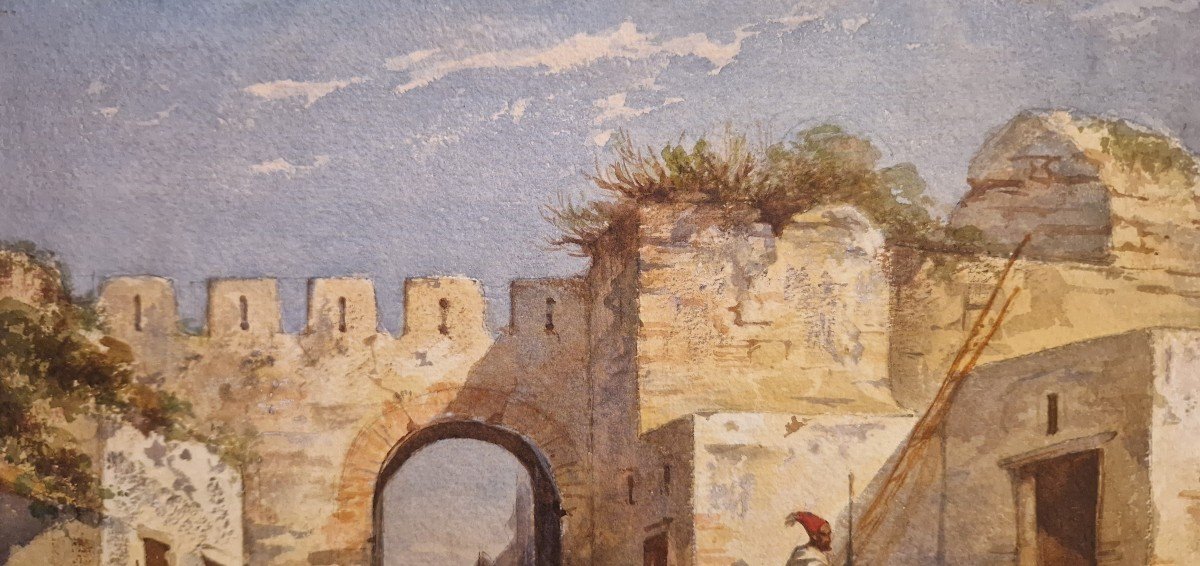 Louis Tesson 1820-1870 (attribué à) Porte d'Une Ville En Orient Aquarelle-photo-1