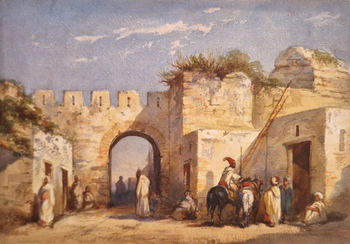 Louis Tesson 1820-1870 (attribué à) Porte d'Une Ville En Orient Aquarelle