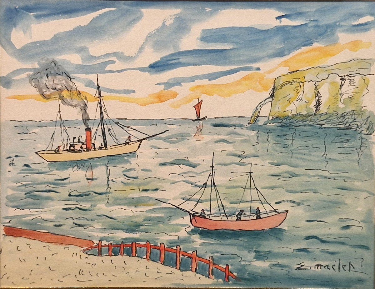 Elisée Maclet 1881-1962 Etretat l'Aiguille Creuse Aquarelle-photo-2