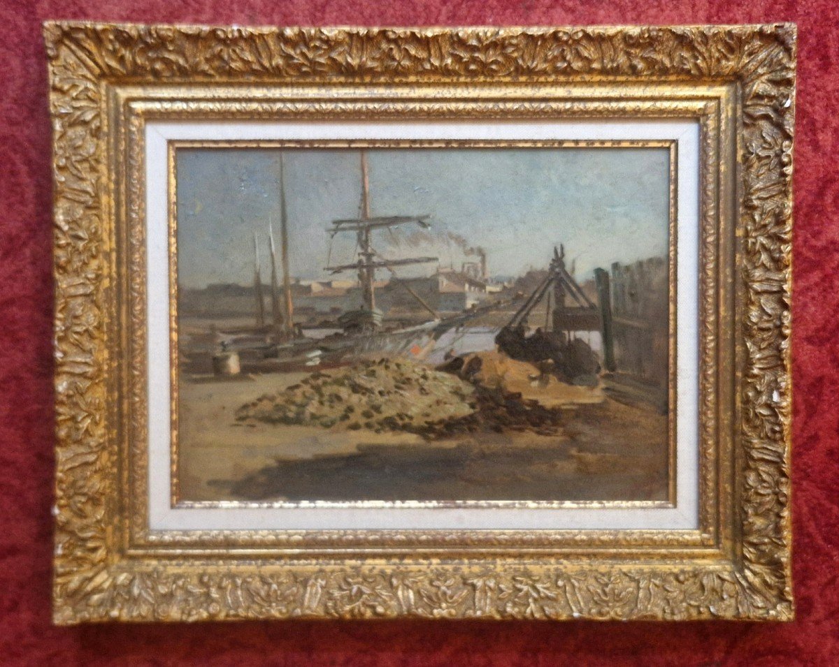 Paul Sarrut 1882-1969 Boats In The Port Of Bordeaux Oil On Cardboard