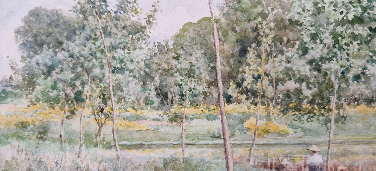 Marie Désiré Bourgoin 1859-1911 Au Bord De l'Eau Aquarelle-photo-3