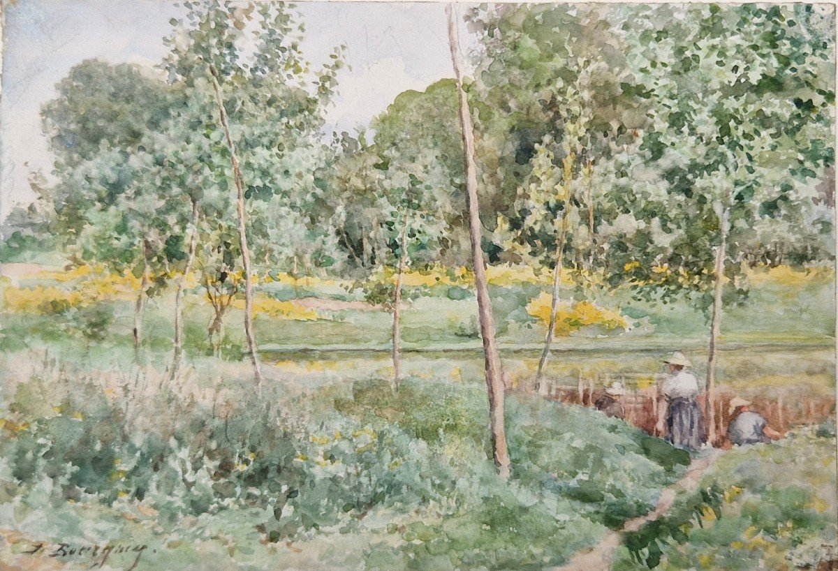 Marie Désiré Bourgoin 1859-1911 Au Bord De l'Eau Aquarelle