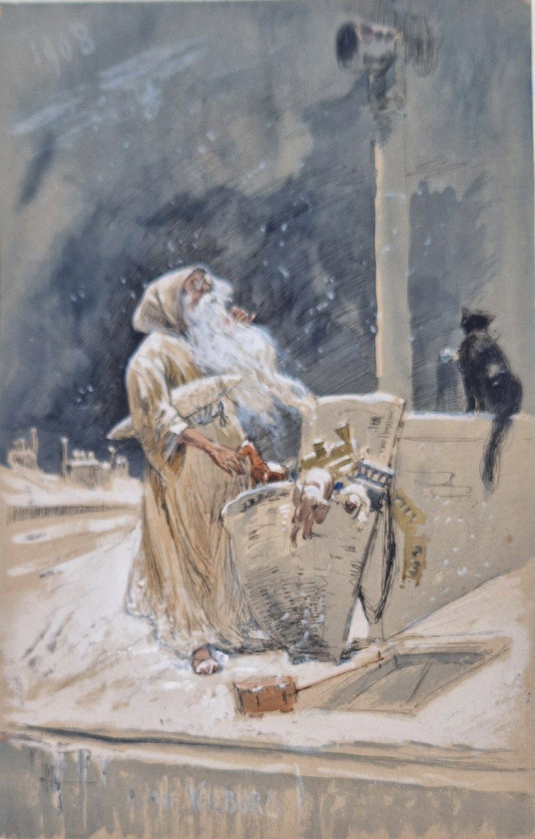 René Leverd 1872-1938  Le Père Noël Aquarelle