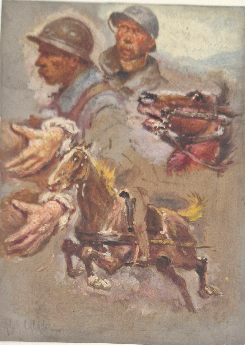 Alphonse Lalauze 1872-1936 Chevaux Et Militaires Huile Sur Papier