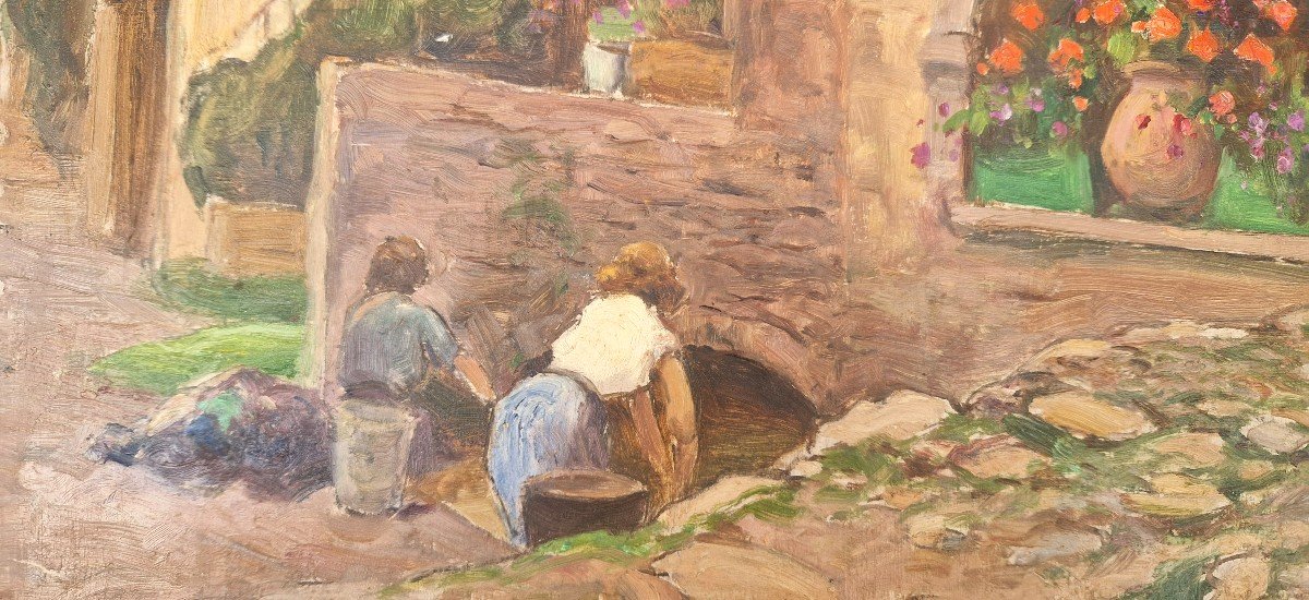 Edmond Quinton 1892-1969 Washerwomen In Provence Oil On Isorel-photo-2