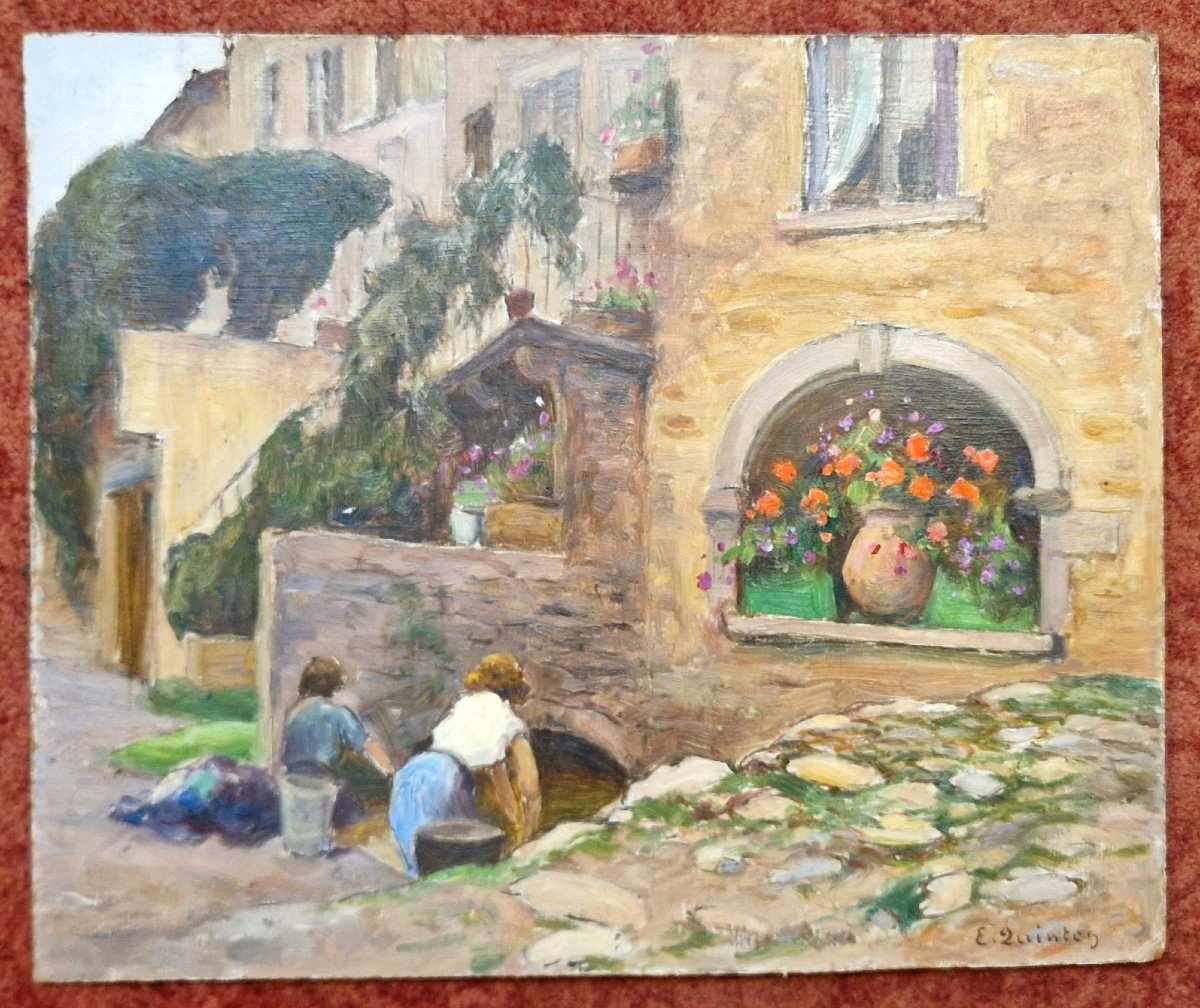 Edmond Quinton 1892-1969 Washerwomen In Provence Oil On Isorel