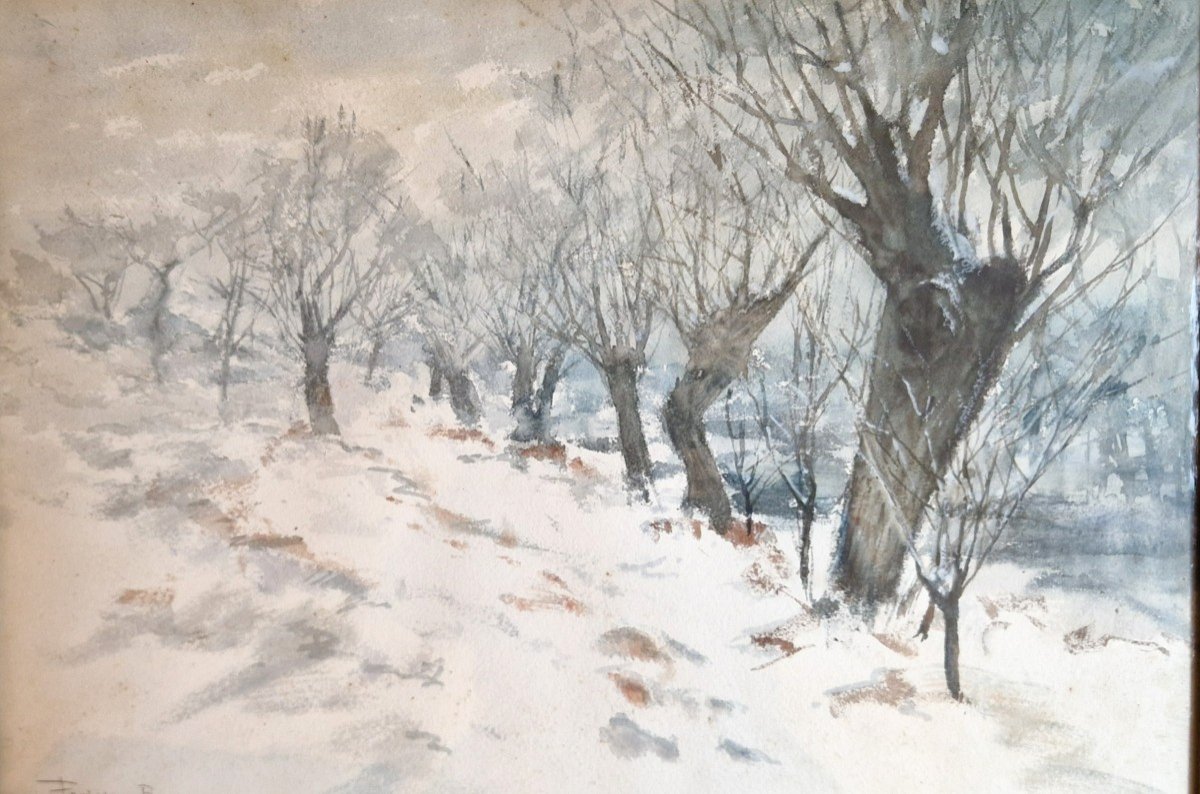 Frank Myers Boggs 1855-1926 The Old Willows Under The Snow Watercolor-photo-2