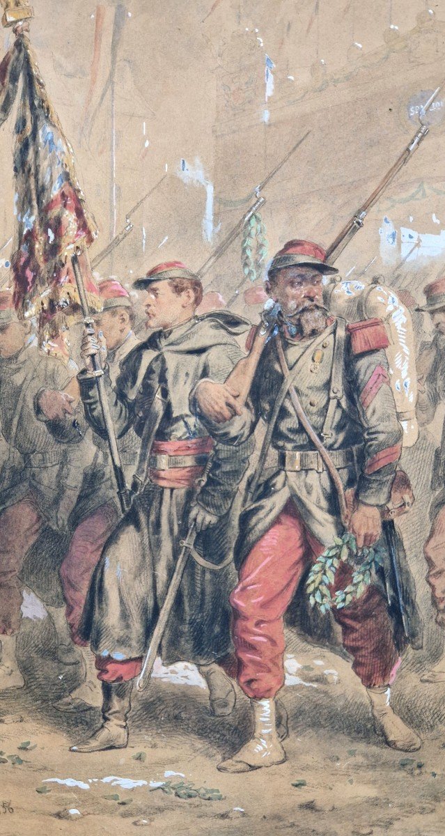 Hippolyte Bellangé 1800-1866 Soldats De Retour De Crimée Grande Aquarelle-photo-2