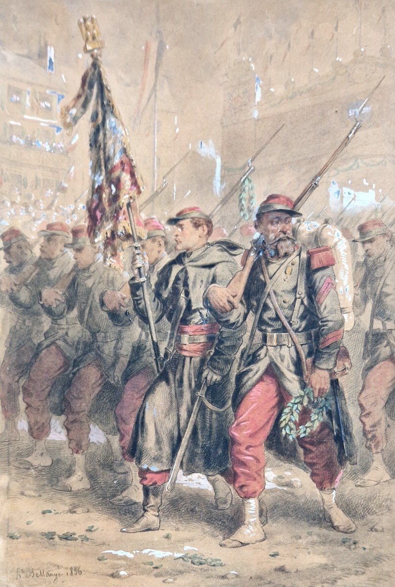 Hippolyte Bellangé 1800-1866 Soldats De Retour De Crimée Grande Aquarelle