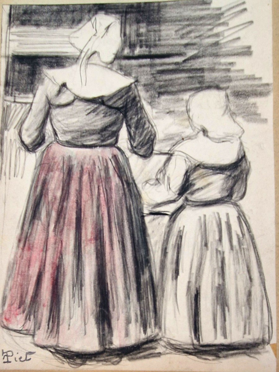 Fernand Piet 1869-1942 Bretonnes Dessin Au Crayon Noir Et Aquarelle