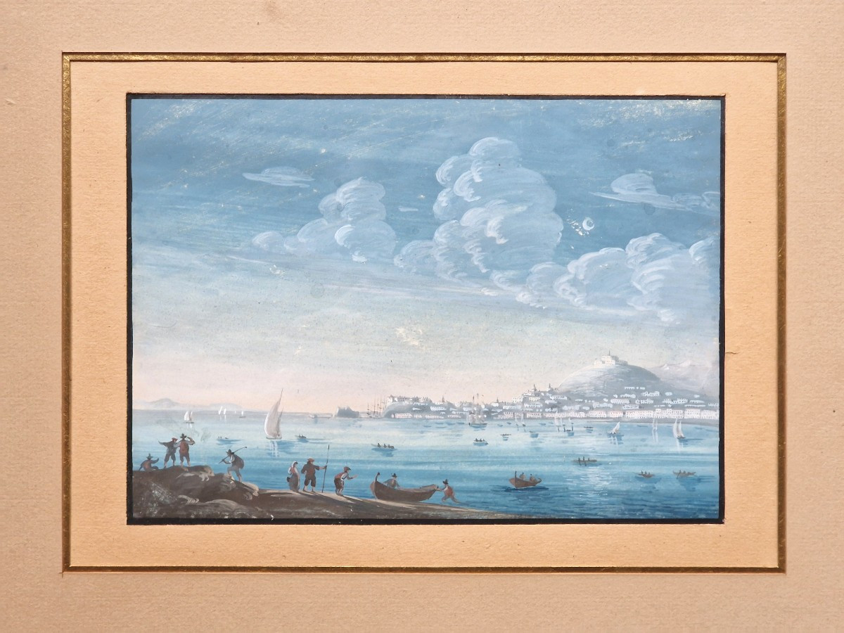 Ecole Napolitaine 19ème Siècle Vue De Naples Gouache