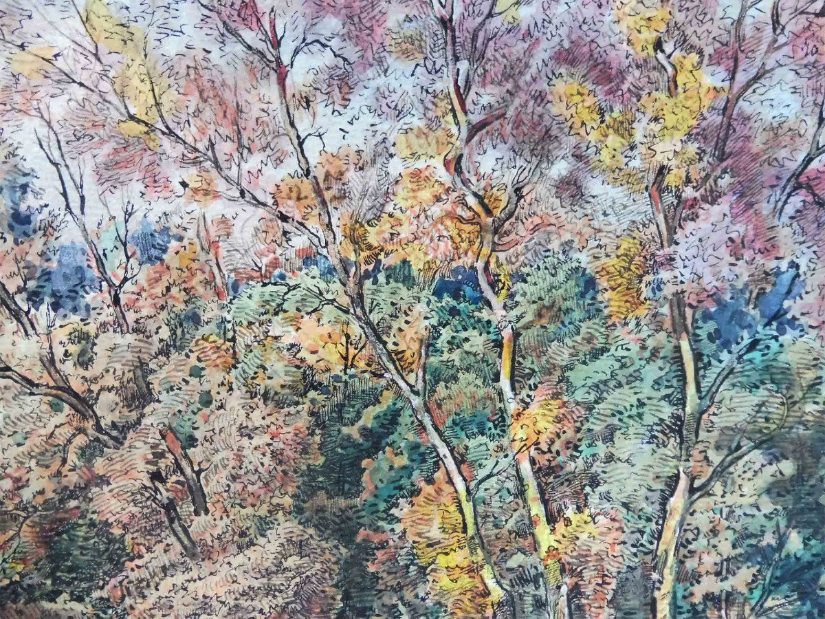 Eugène Damblans 1865-1945 Paysans Dans Les Bois Aquarelle-photo-4