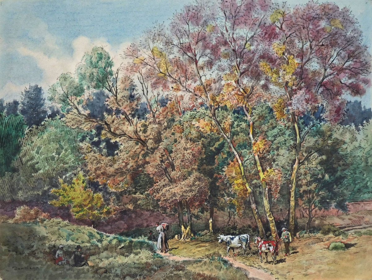 Eugène Damblans 1865-1945 Peasants In The Woods Watercolor