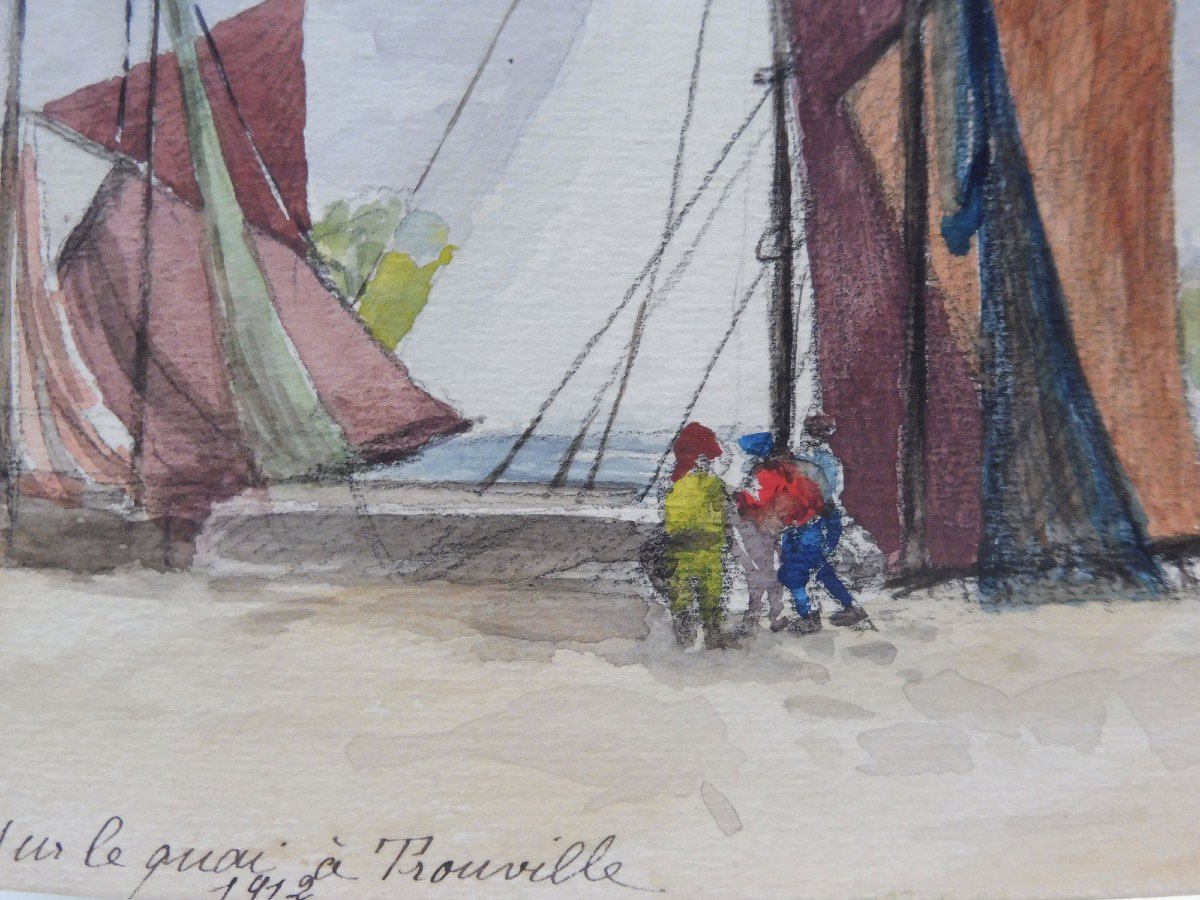 Six Aquarelles Vues De Trouville Datées 1912 Et Situées-photo-5