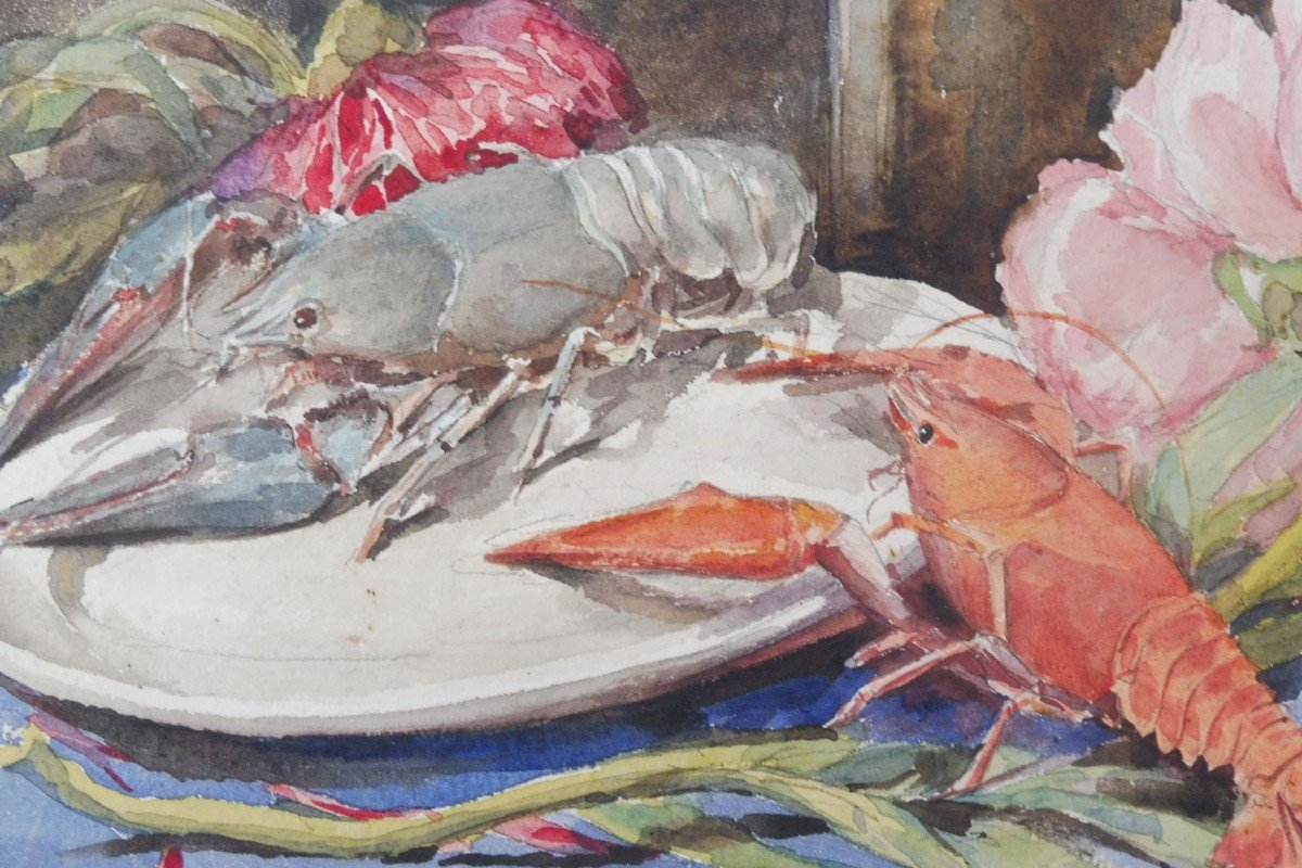 Adolphe Lalauze 1839-1905 Still Life With Crayfish Watercolor-photo-2