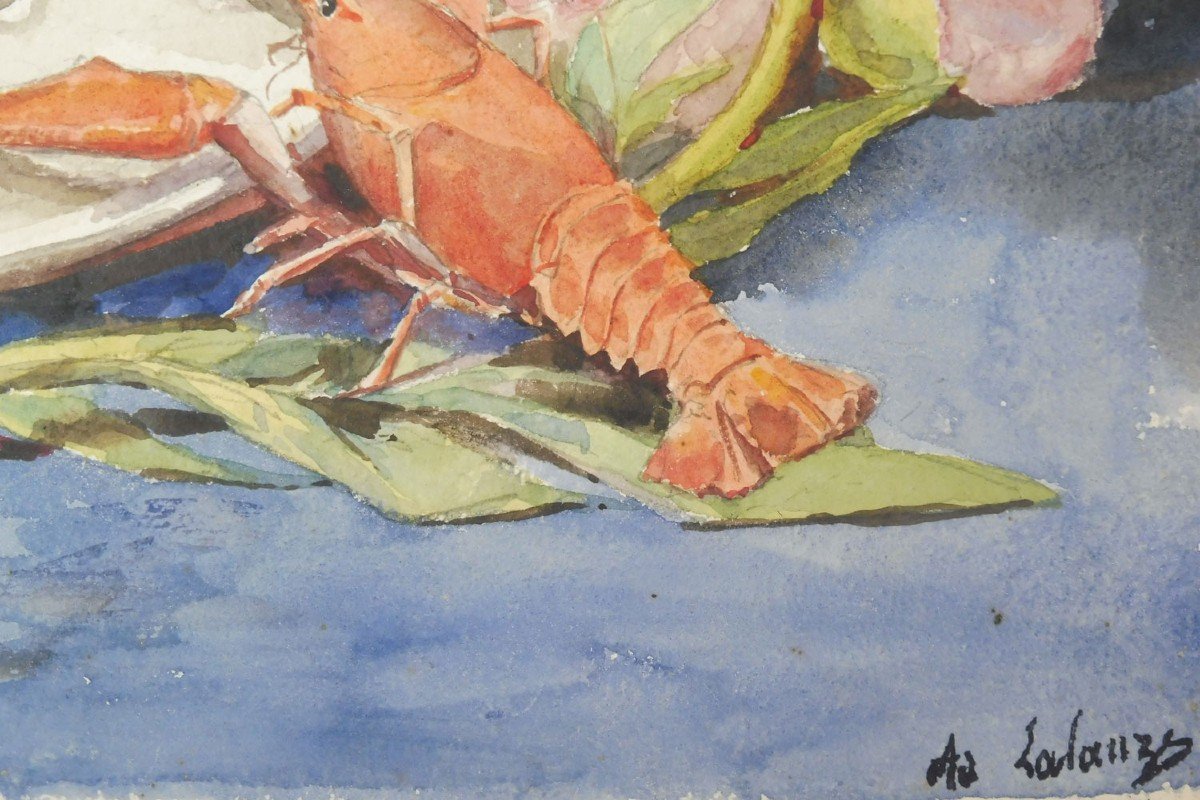 Adolphe Lalauze 1839-1905 Still Life With Crayfish Watercolor-photo-4
