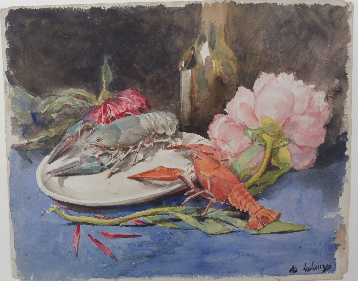 Adolphe Lalauze 1839-1905 Still Life With Crayfish Watercolor