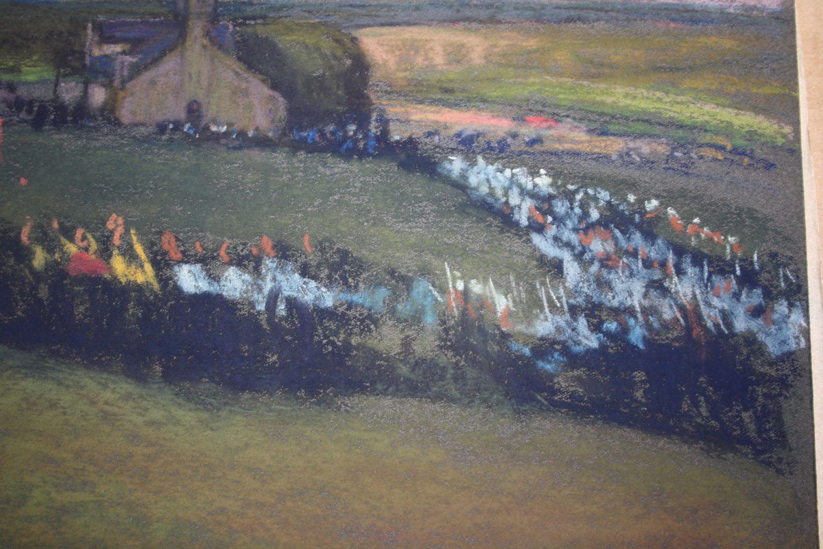 Luc Charon 1861-1923 La Procession Bretonne Pastel-photo-3