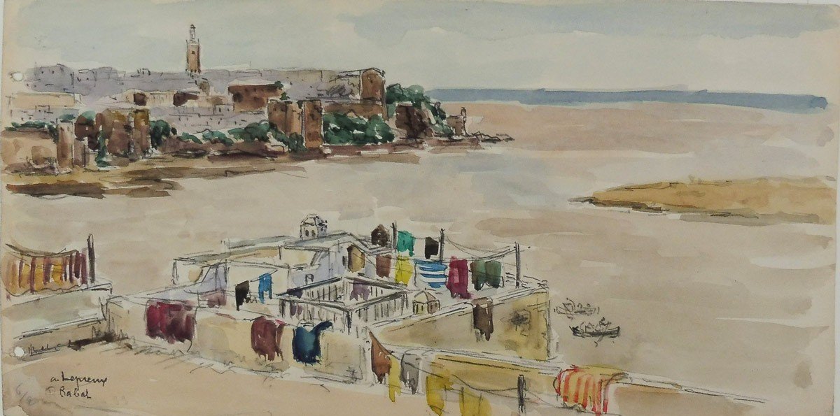 Albert Lepreux 1868-1959 Vue De Rabat Maroc Aquarelle