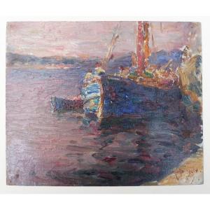 Georges Ricard-cordingley 1873-1939 Cannes Trawler At The Quay Oil On Paper