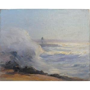 Georges Ricard-cordingley 1873-1939 Breaking Wave In Cannes Oil On Cardboard