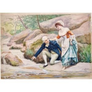 Jules Girardet 1856-1938 Couple Au Bord De La Rivière Aquarelle