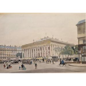The Palais De La Bourse Watercolor 19th Century