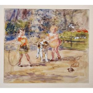 Victor Gabriel Gilbert 1847-1935 Children And Dog Playing In The Garden Watercolor