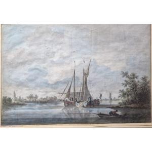 Nicolas Wicart 1748-1815 Voilier Sur Le Fleuve Aquarelle