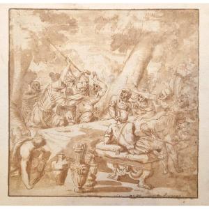 Pierre De Cortone 1596-1669 (circle Of) Brawl At The Soldiers' Banquet Pen And Wash Drawing
