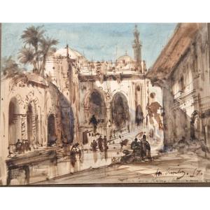 Louis Amable Crapelet 1822-1867 Mosque In Cairo Watercolor