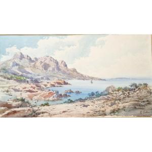 Emmanuel Costa 1833-1921 l'Estérel Et Les Iles De Lérins Aquarelle 