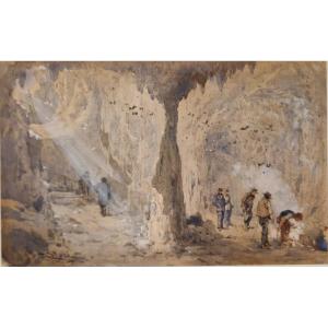 Emmanuel Costa 1833-1921 The Cave Of Bald Mountain In Aspremont Watercolor 