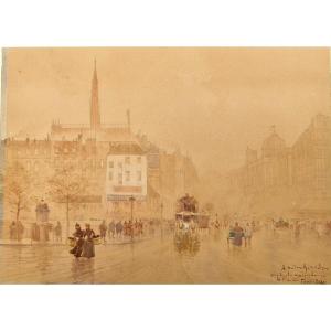 Francis Garat Né En 1853 Boulevard Du Palais Depuis Le Bd Saint Michel Aquarelle